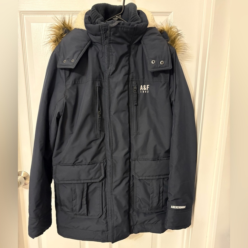 Abercrombie & Fitch Men's Dark Navy Insulated Parka with Faux Fur Trim